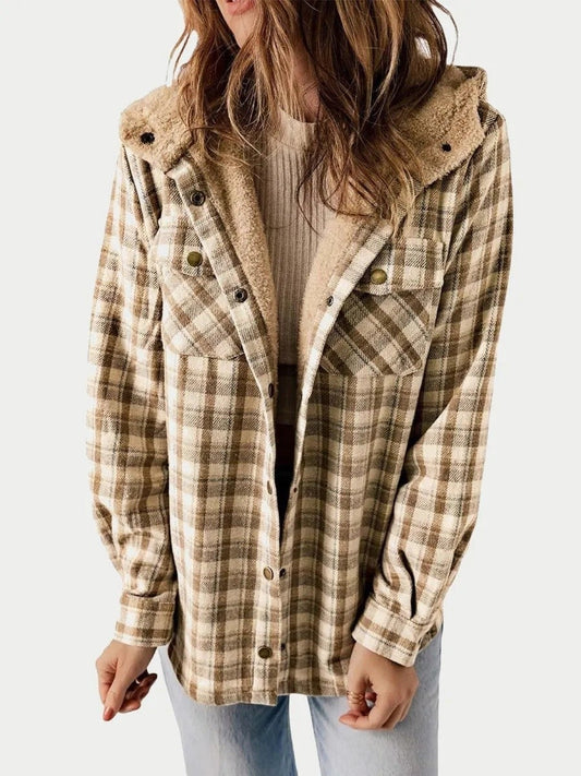 Women's Shacket – Relaxed Fit – Soft Fleece Lining – Checkered Pattern – With Hood
