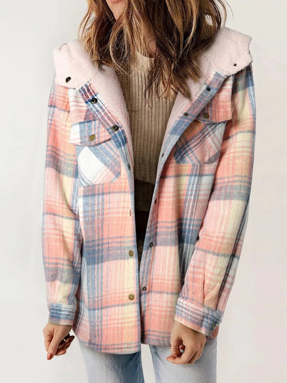 Women's Shacket – Relaxed Fit – Soft Fleece Lining – Checkered Pattern – With Hood