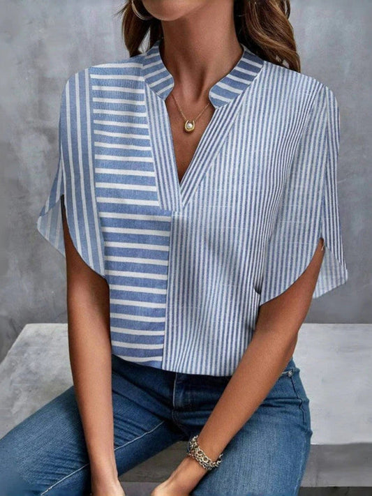 Women's Blouse – V-neck – Striped Pattern – Half-length Sleeves with Slit – Relaxed Fit – Breathable Fabric