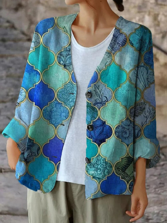 Women's Jacket – Relaxed Fit – 3/4 Sleeves – Breathable Blend Material – Geometric Pattern – Button Closure