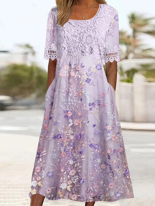Women's Dress Midi – Relaxed Fit – Lace and Embroidery – Soft Breathable Fabric – Pockets