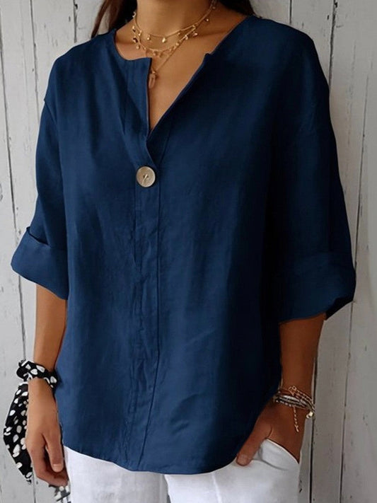 Women's Blouse – Relaxed Fit – V-neck – 3/4 Sleeves – Natural Fibers