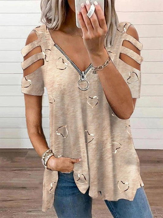 Women's Blouse – V-neck with Zipper – Heart Print – Cold Shoulder – Relaxed Fit