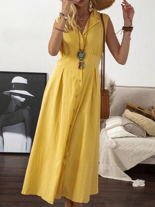 Dress for Women – Sleeveless A-line – Natural Fibers – Buttons – Midi Length – Collar