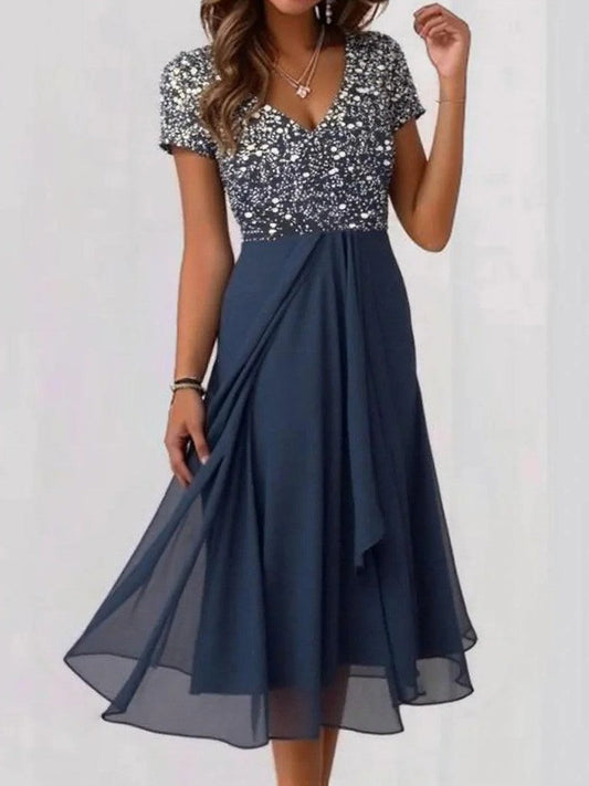 Dress for Women – V-neck – Short-sleeved – Embellished Top – A-line – Midi Length