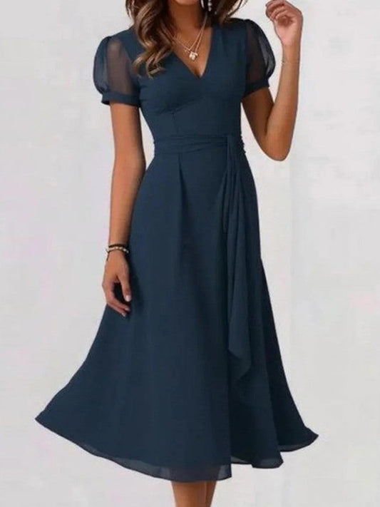 Dress for Women – Midi Length – A-line Fit – Light Fabric – Puff Sleeves – V-neck