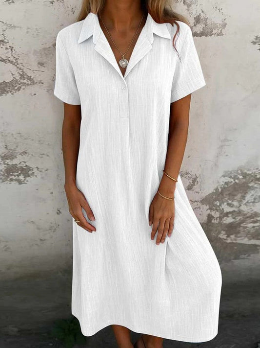 Dress for Women – Midi Length – Relaxed Fit – Natural Fibers – Short Sleeve – Collar – Front Buttons