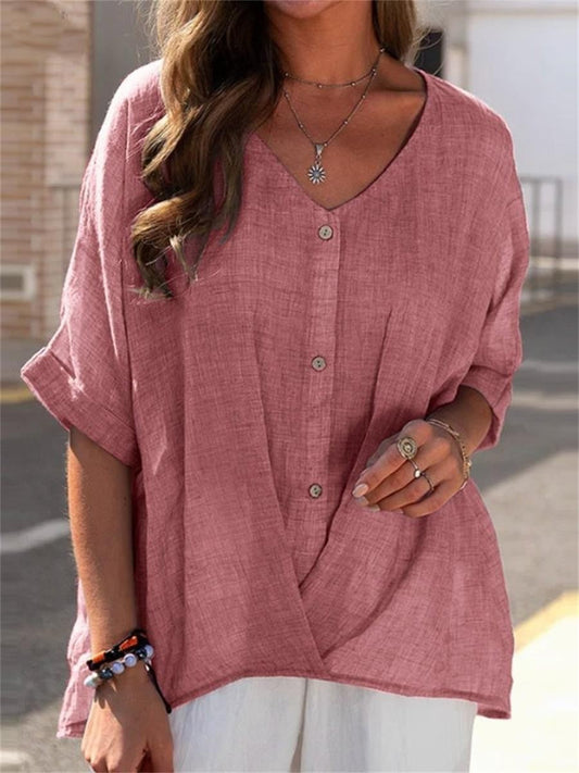 Women's Blouse – V-Neck – Relaxed Fit – Buttons – Breathable Natural Fiber – Half Sleeve