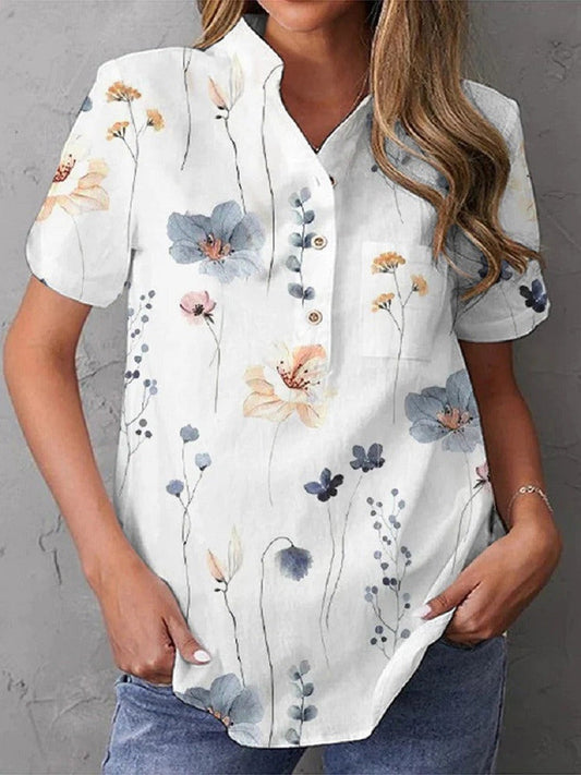 Women's Blouse – Floral Print – V-neck with Buttons – Short-sleeved – Relaxed Fit – Breathable Fabric