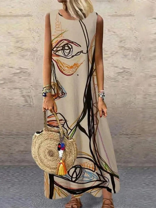 Dress for Women – Sleeveless Maxi Dress – Relaxed Fit – Natural Fibers – Abstract Pattern