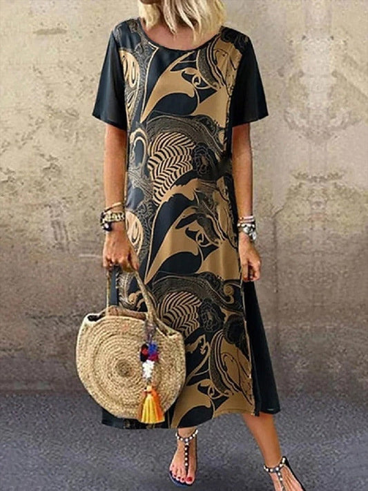 Women's Dress Midi – Relaxed Fit – Soft Fabric – Round Neck – Short Sleeve – Artistic Print