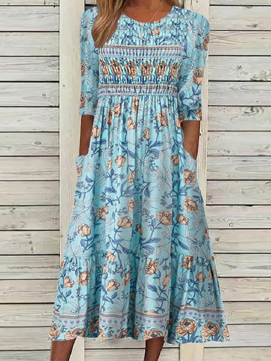 Dress for Women – Midi Length – Floral Print – Smocked Bodice – Puff Sleeves – Breathable Fabric
