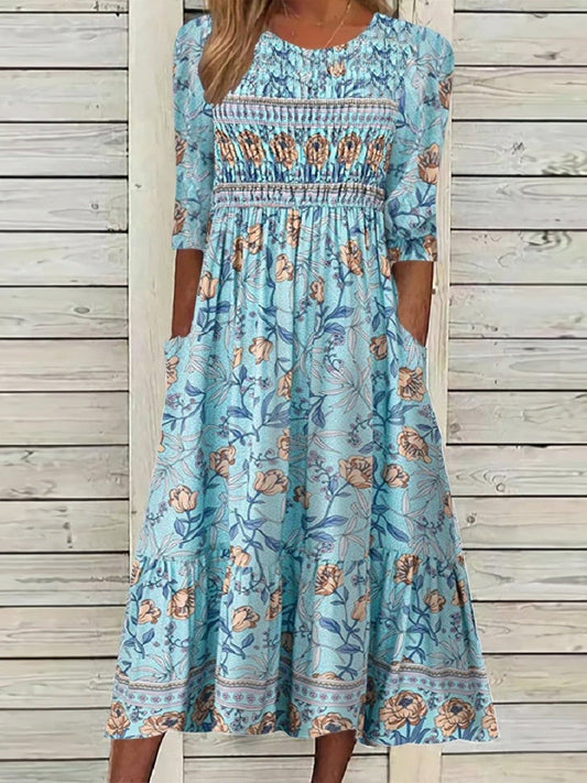 Dress for Women – Midi Length – Floral Print – Smocked Bodice – Puff Sleeves – Breathable Fabric