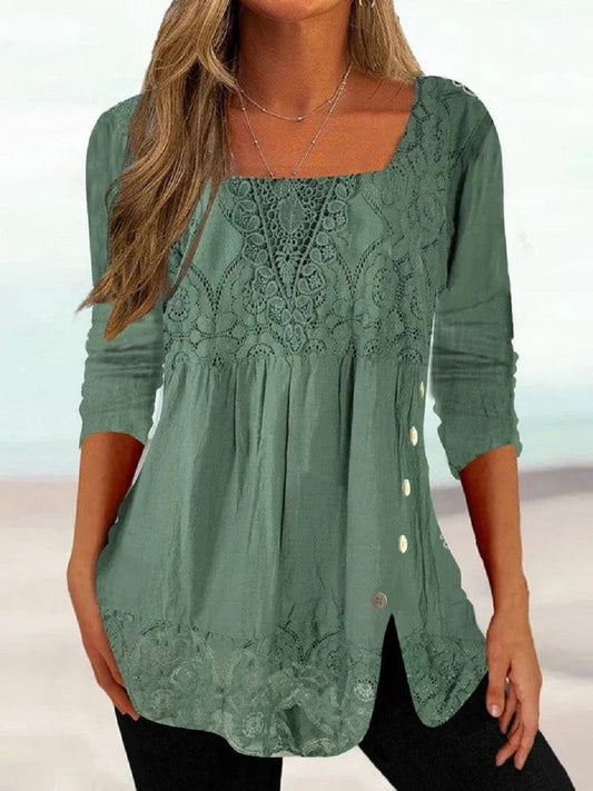Women's Blouse – Relaxed Fit – Natural Fibers – Lace Trim – Long Sleeves