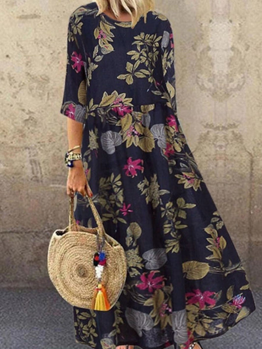 Women's Dress – Relaxed A-line – Breathable Fabric – Half-length Sleeves – Floral Print