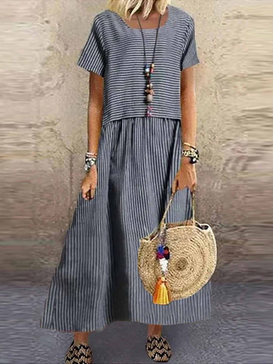Women's Maxi Dress – Relaxed Fit – Breathable Fabric – Half Sleeve – Stripe Pattern