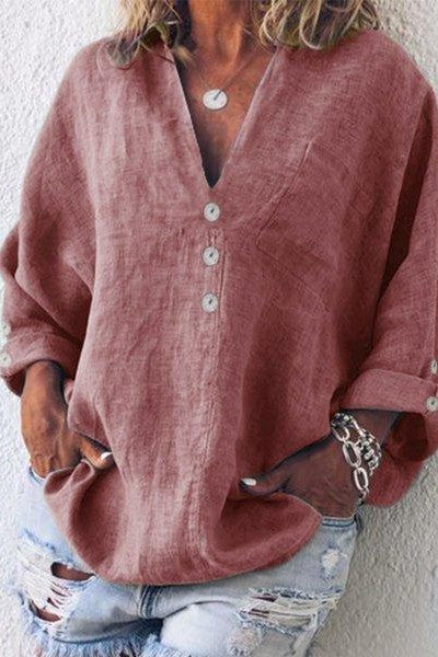 Women's Blouse – Relaxed Fit – Natural Fibers – V-Neck – Long Sleeves – Chest Pocket