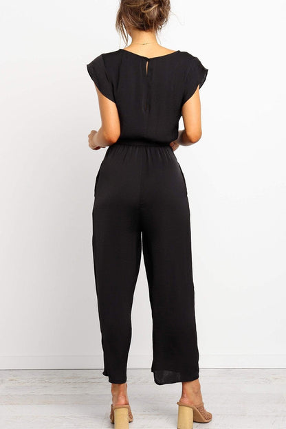 Women's Jumpsuit – Relaxed Fit – V-Neck – Tie Belt – Breathable Fabric – Pockets
