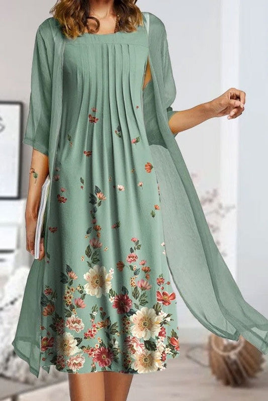 Women's Midi Dress Set – A-Line Fit – Floral Print – Breathable Layered Design