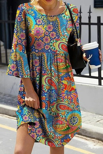 Dress for Women – Mini Length – Relaxed Fit – A-Line Cut – Paisley Pattern – 3/4 Sleeves