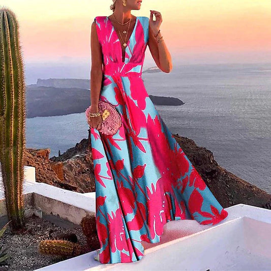 Women's Maxi Dress – Flowy Fit – Sleeveless – Deep V-Neck – Breathable Fabric – Floral Print