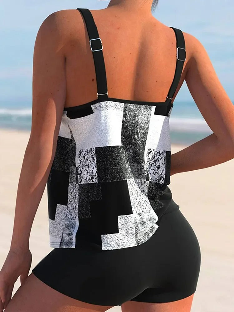 Women's Tankini Top – Relaxed Fit – Geometric Pattern – Double Strap – Breathable Material