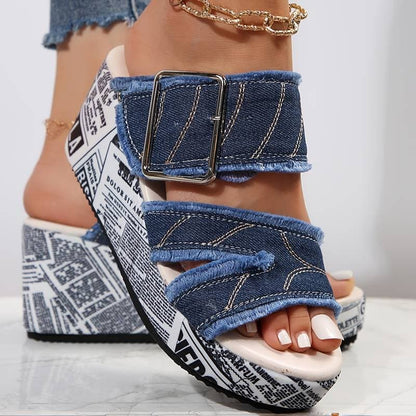 Women's Platform Sandals - Denim Fabric - Adjustable Buckle - Comfortable Wedge Heel