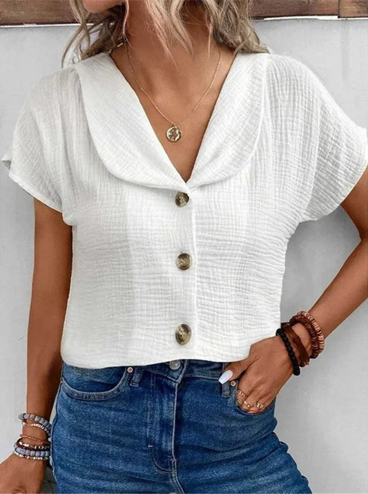 Women's Blouse – Relaxed Fit – Crinkle Texture – Short Sleeve – Cropped Length