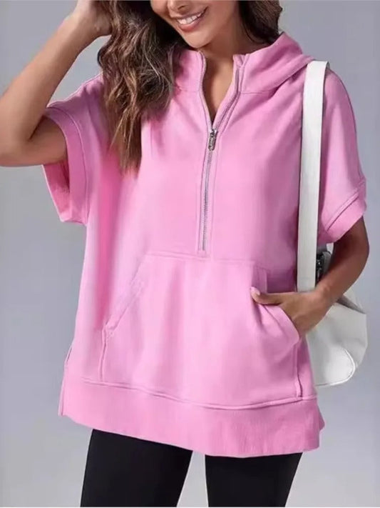 Women's Hoodie with Short Sleeves – Relaxed Fit – Cotton Blend – Zipper Neck – Kangaroo Pocket