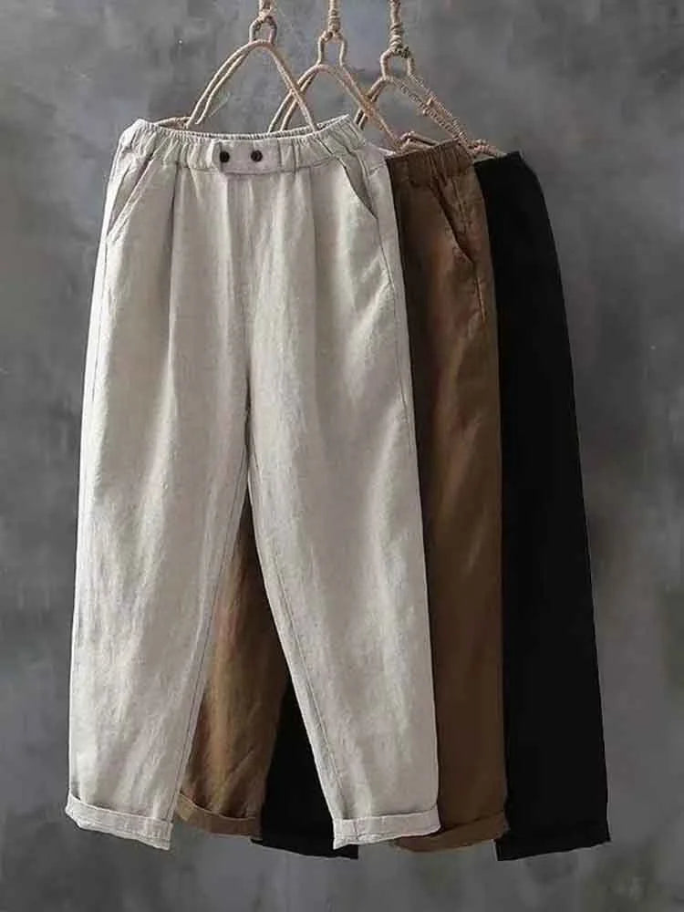 Women's Pants – Relaxed Fit – Breathable Fabric – Elastic Waist – Full Length