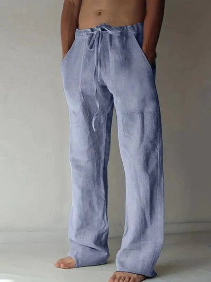 Men's Loose-Fit Pants - Cotton/Linen - Elastic Waist with Drawstring - Casual Comfort