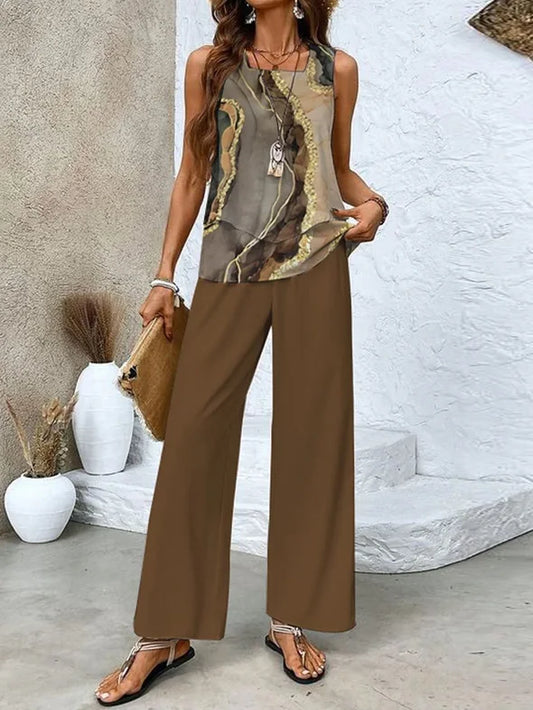 Women's Set – Sleeveless Top with Abstract Pattern – Long Pants – Breathable Blend