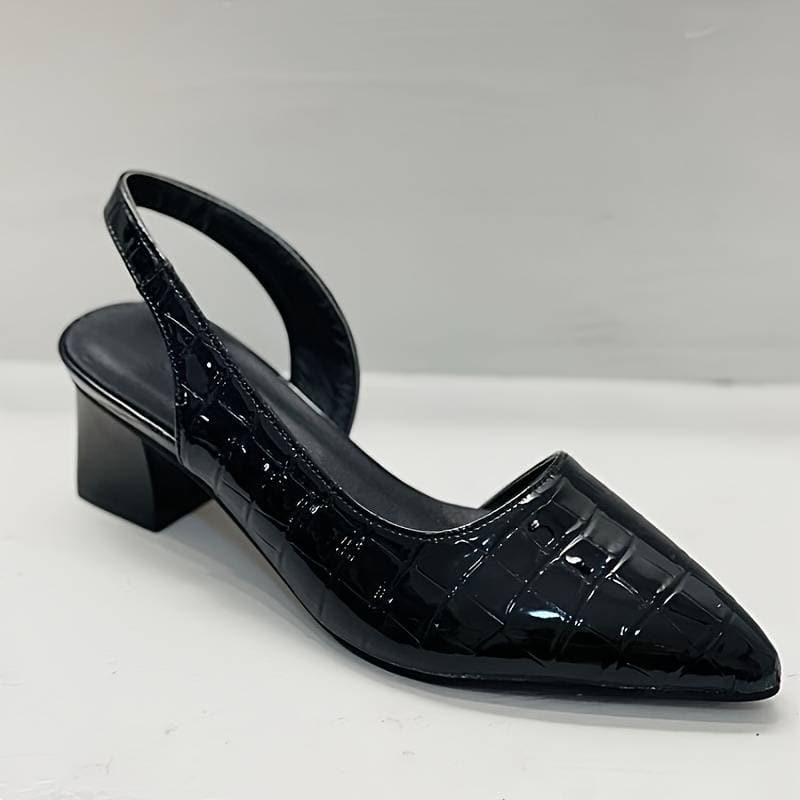 Damesko Slingback Hæler – Spiss Tå – Krokodillepreget Skinn – Blokkhæl Eleganse