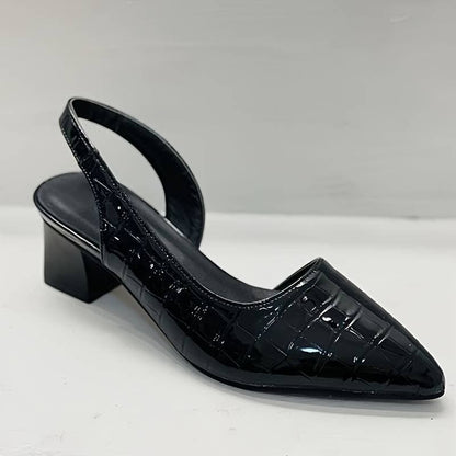 Damesko Slingback Hæler – Spiss Tå – Krokodillepreget Skinn – Blokkhæl Eleganse