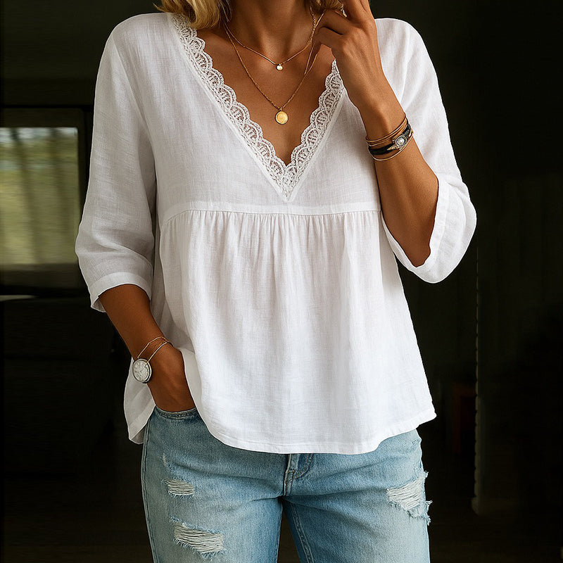 Women's V-neck T-shirt – Relaxed fit – Natural fibers – Lace trim – 3/4 sleeve