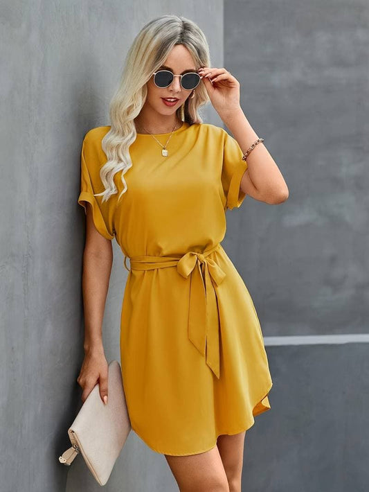 Women's Dress - Short Sleeves - Relaxed Fit with Belt - Round Neck - Knee Length
