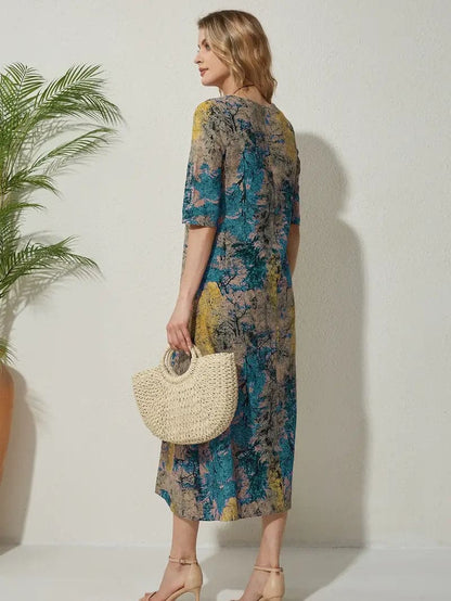 Women's Dress - Midi Length - Relaxed Fit - Elbow-Length Sleeves - Abstract Pattern