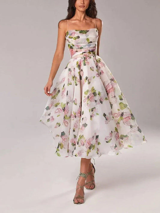 Dress for Women – Midi Length – Chiffon – A-line Fit – Spaghetti Straps – Floral Print