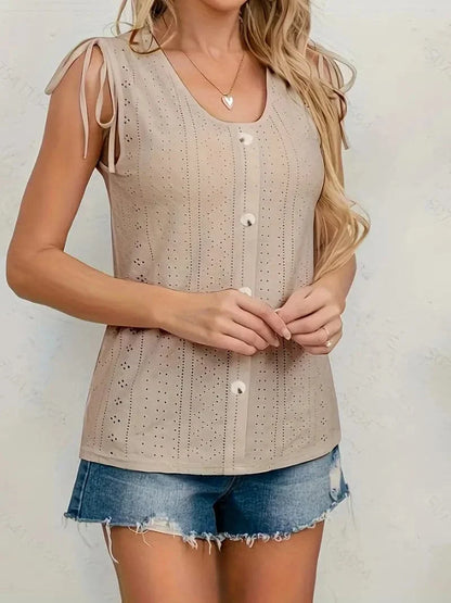 Women's Sleeveless Blouse – Button Front – Adjustable Shoulder Straps – Textured Fabric