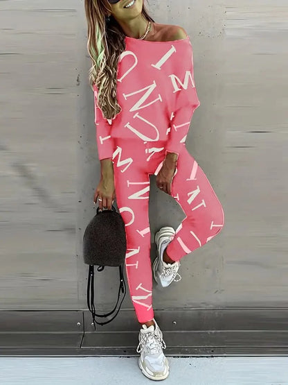 Dame Lounge Sett - Avslappet Off-Shoulder Genser & Høytlivs Leggings - Myk Komfort