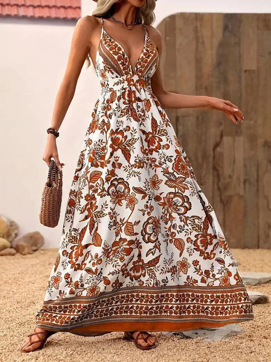 Women's Maxi Dress - V-neck Spaghetti Straps - Sleeveless A-line - Floral Print Airy Fit