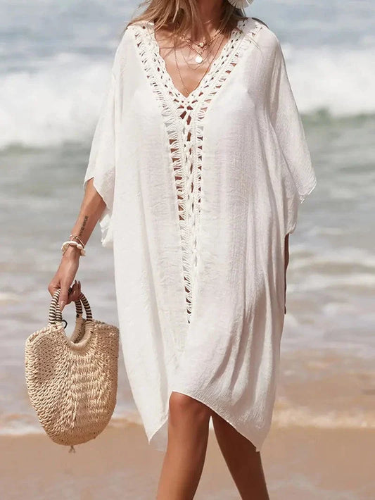 Women's Beach Dress – Light and Airy – V-neck with Crochet Details – Loose Fit – Short Sleeves