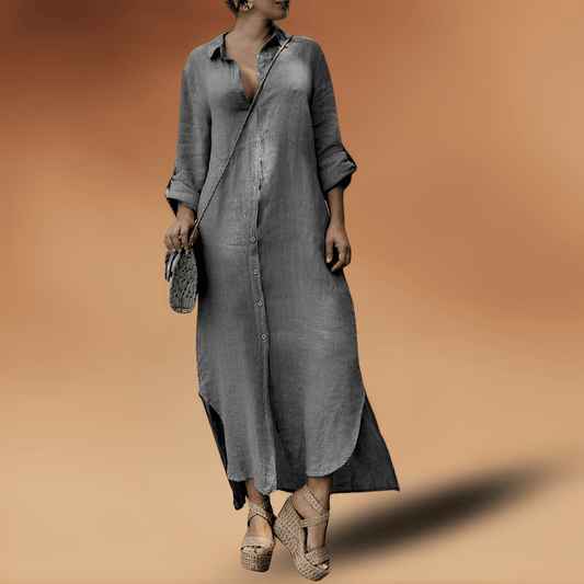 Women's Maxi Shirt Dress – Relaxed Fit – Natural Fibers – Buttons – Long Sleeves