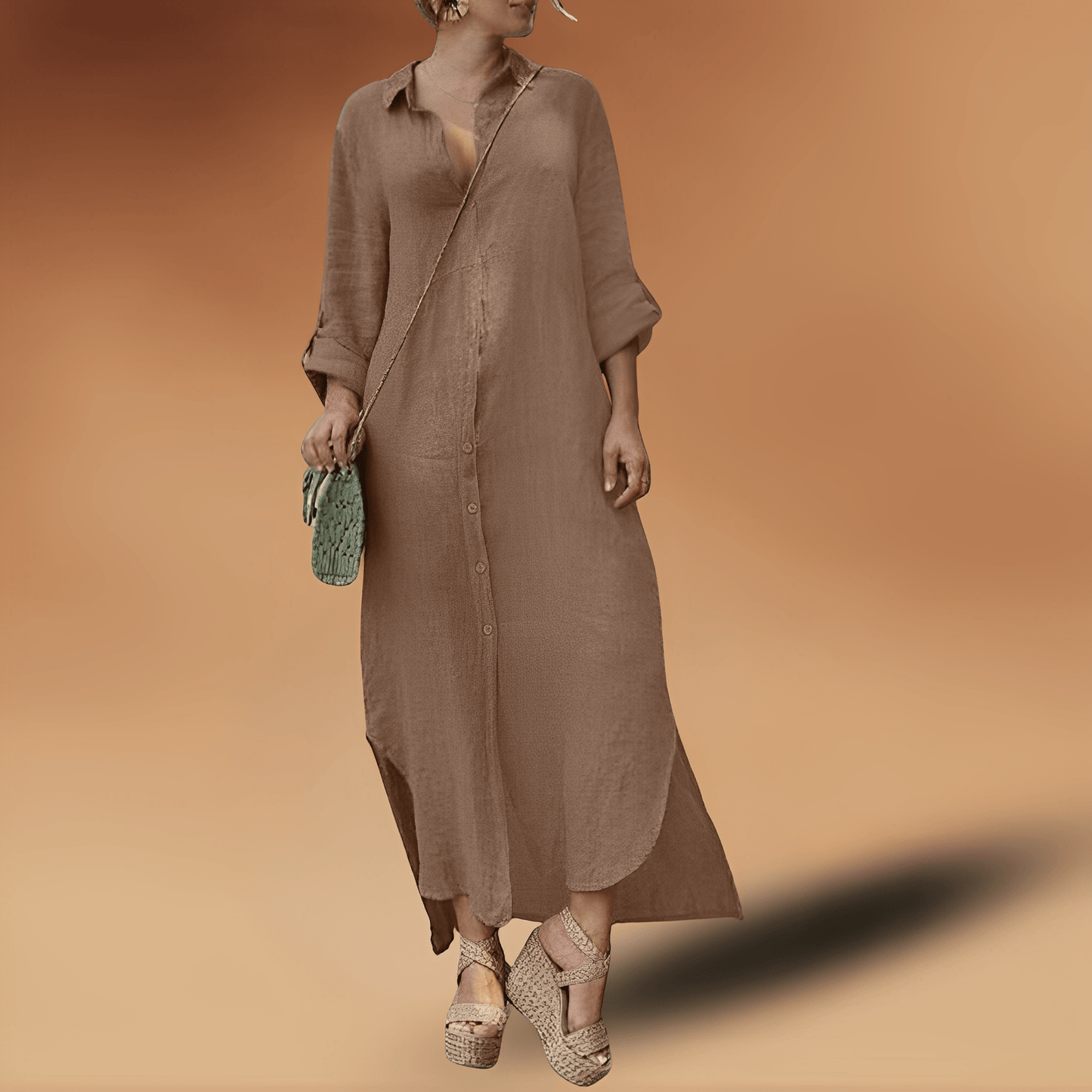 Women's Maxi Shirt Dress – Relaxed Fit – Natural Fibers – Buttons – Long Sleeves