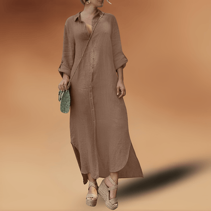 Women's Maxi Shirt Dress – Relaxed Fit – Natural Fibers – Buttons – Long Sleeves