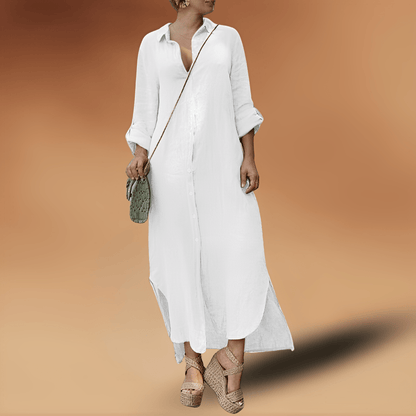 Women's Maxi Shirt Dress – Relaxed Fit – Natural Fibers – Buttons – Long Sleeves
