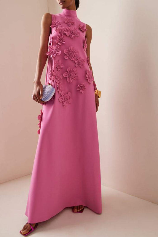 Dress woman – Maxi length – Silky fabric – Loose fit – 3D flower application – High neck