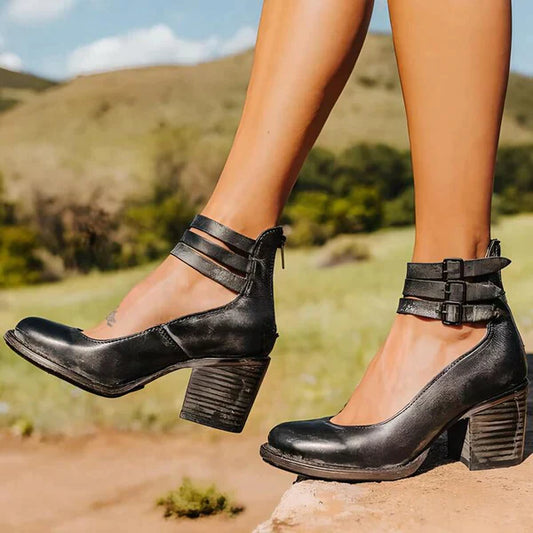 Women's Pumps with Block Heel – Round Toe – Double Buckle – Elegant Fit