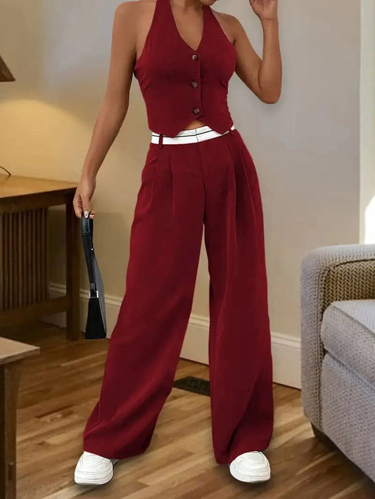Women's Two-Piece Set – Halterneck Top with Buttons – High-Waisted Wide Pants – Elegant Fit