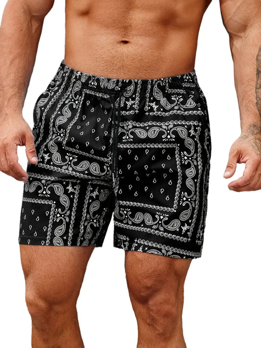 Men's Swim Shorts – Quick-Drying Fabric – Relaxed Fit – Bandana Pattern – Mid-Length